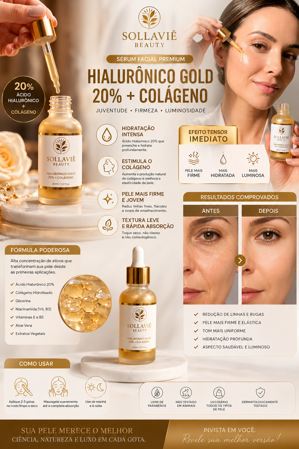 Sérum Facial Ácido Hialurônico 20% Anti Idade Sollaviê 30ml Todo Tipo De Pele Dia/noite