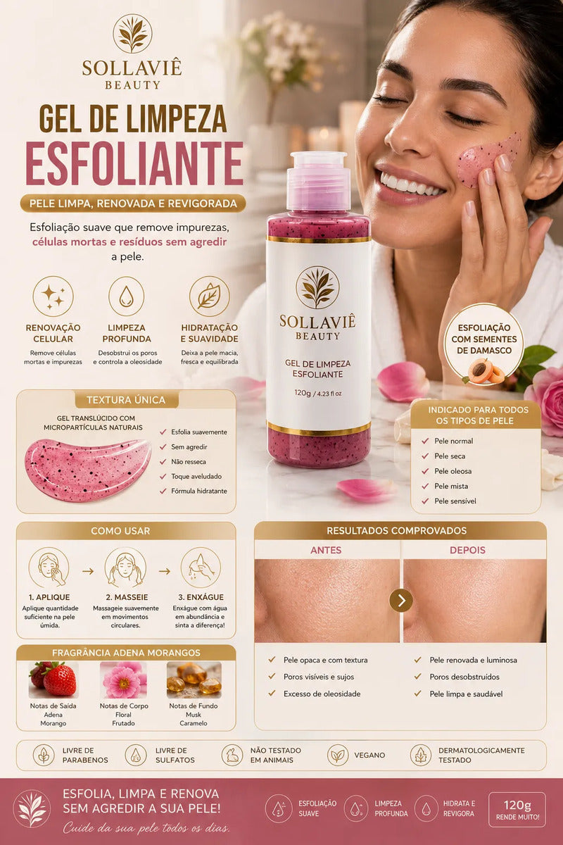 Gel Esfoliante Facial Damasco Limpeza Profunda Pele Macia Morango